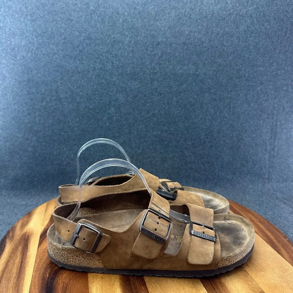 Birkenstock Men's 11, 44 Milano Brown Leather Slingback Double Buckle Sandal